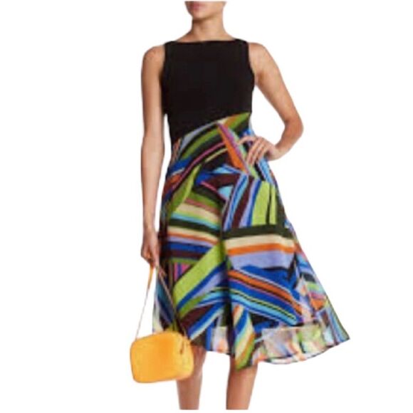 London Times Black and Blue Fit and Flare Cocktail Dress - Picture 1 of 16